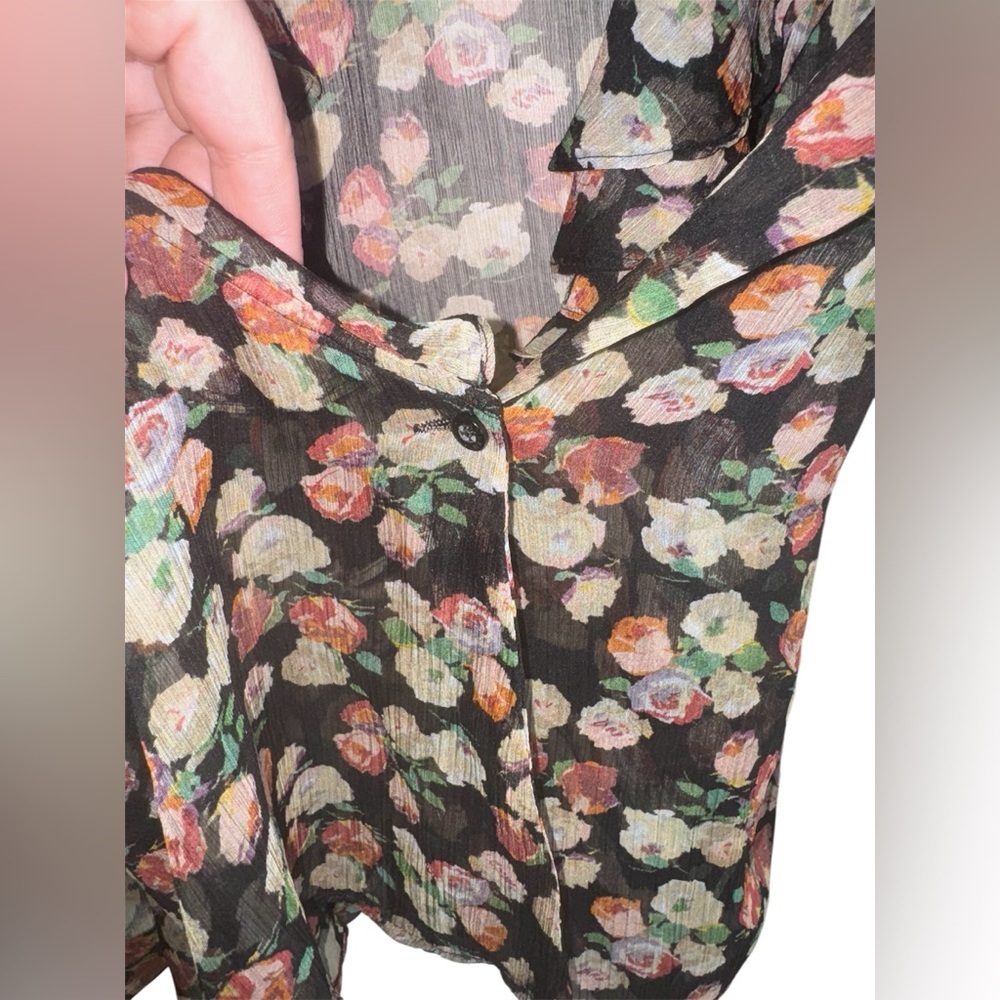 Lauren Ralph Lauren Sheer Floral Ruffle Blouse XL – Romantic Black Rose Print - Picture 7 of 9